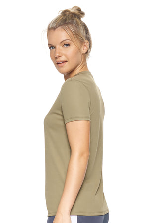 Expert Brand Wholesale Women's Oxymesh V-Neck Tec T-Shirt in Tan Image 2#tan