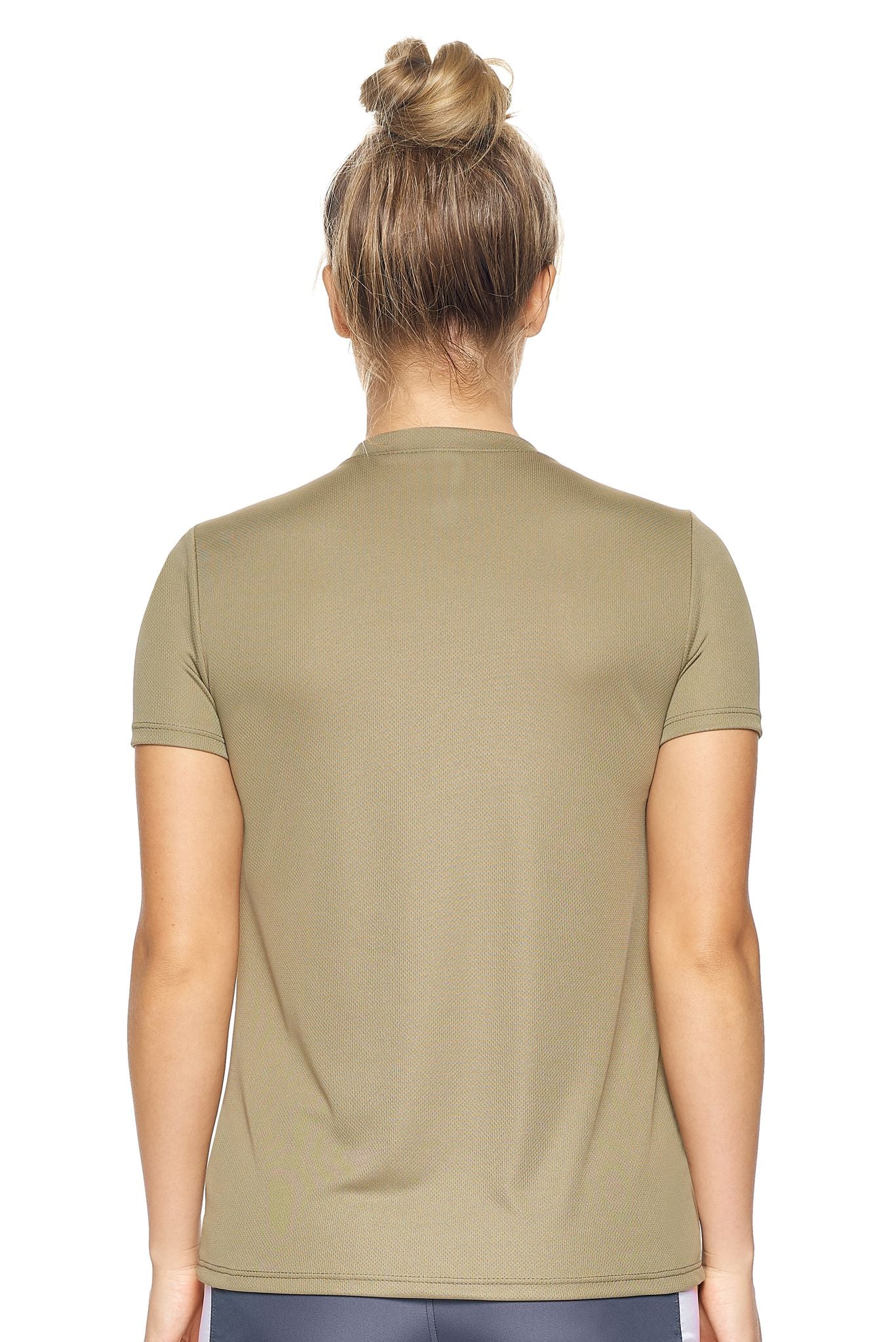 Expert Brand Wholesale Women's Oxymesh V-Neck Tec T-Shirt in Tan Image 3#tan