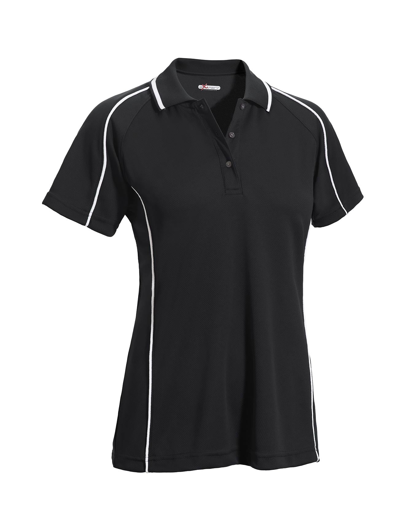 The women's Oxymesh Malibu Polo on a white background in the color black, featuring white piping detailing, made out of 100% polyester, showing the relaxed fit from a front view. This shirt is breathable, quick-drying, moisture-wicking, and Imported for a better price on bulk apparel. #black