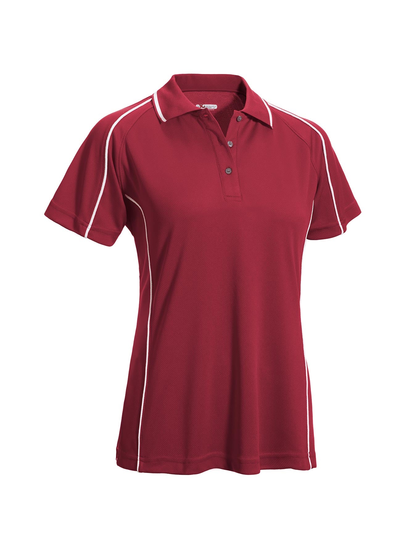 The women's Oxymesh Malibu Polo on a white background in the color cardinal red, featuring white piping detailing, made out of 100% polyester, showing the relaxed fit from a front view. This shirt is breathable, quick-drying, moisture-wicking, and Imported for a better price on bulk apparel. #cardinal-red