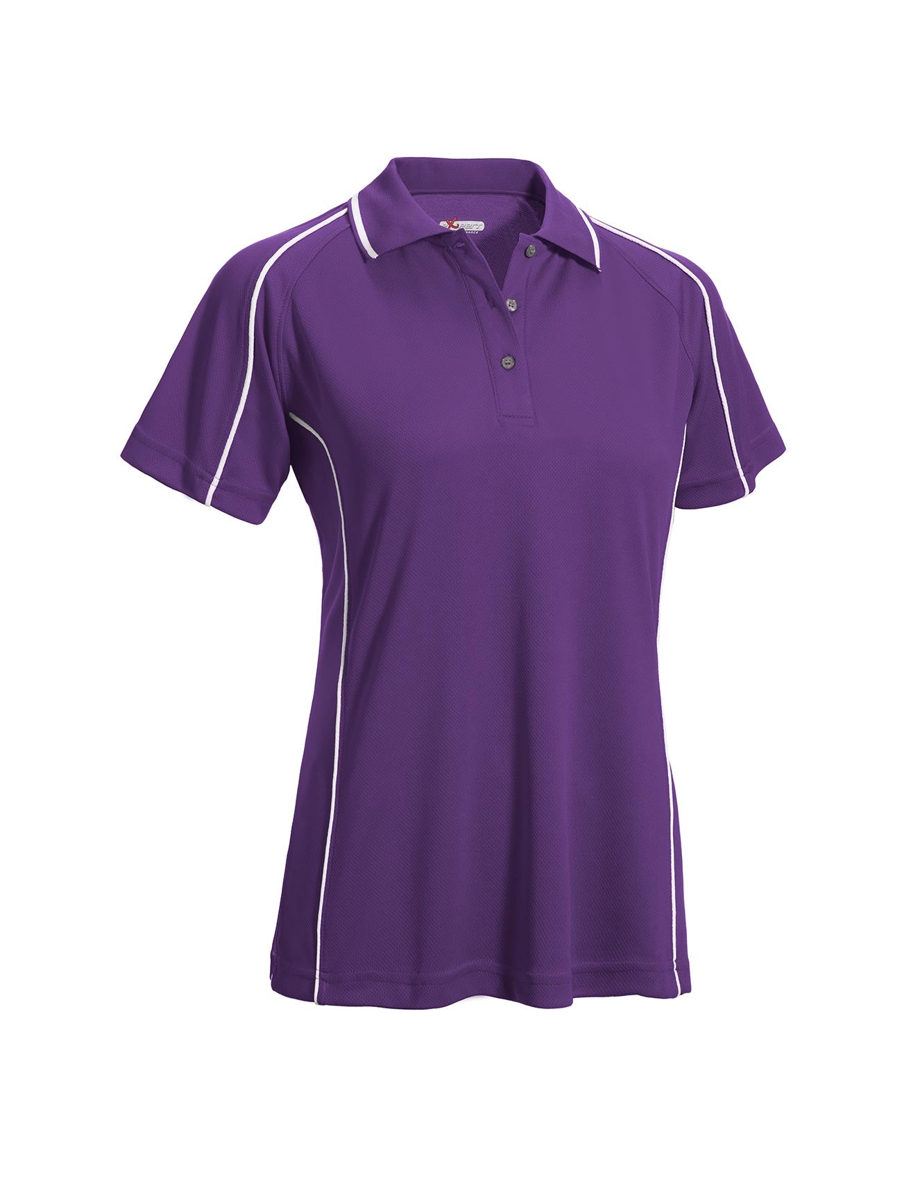 The women's Oxymesh Malibu Polo on a white background in the color dark purple, featuring white piping detailing, made out of 100% polyester, showing the relaxed fit from a front view. This shirt is breathable, quick-drying, moisture-wicking, and Imported for a better price on bulk apparel. #dark-purple