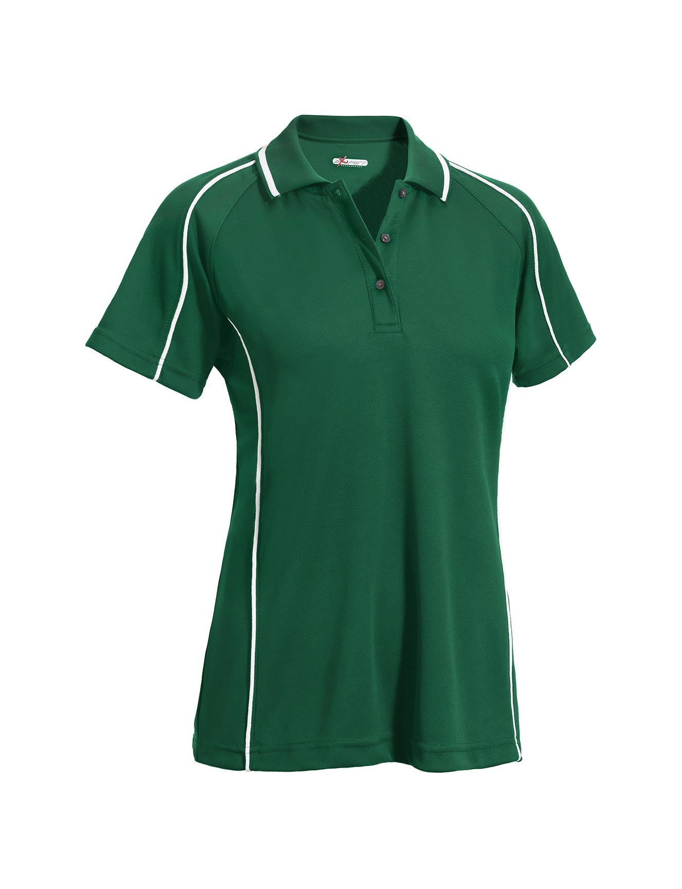 The women's Oxymesh Malibu Polo on a white background in the color forest green, featuring white piping detailing, made out of 100% polyester, showing the relaxed fit from a front view. This shirt is breathable, quick-drying, moisture-wicking, and Imported for a better price on bulk apparel. #forest-green