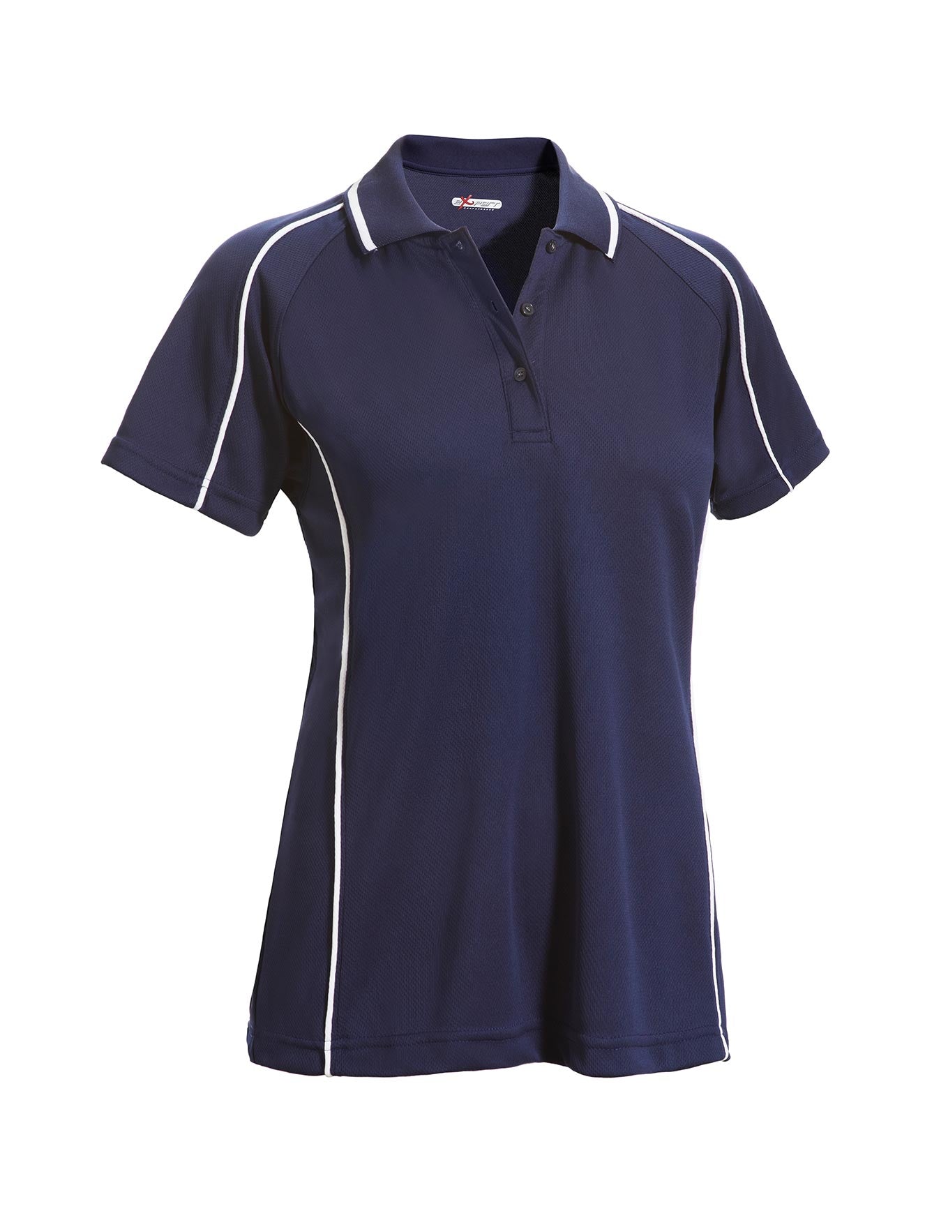 The women's Oxymesh Malibu Polo on a white background in the color navy blue, featuring white piping detailing, made out of 100% polyester, showing the relaxed fit from a front view. This shirt is breathable, quick-drying, moisture-wicking, and Imported for a better price on bulk apparel. #navy-blue