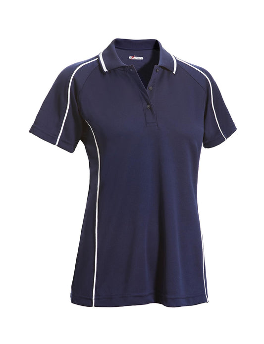 The women's Oxymesh Malibu Polo on a white background in the color navy blue, featuring white piping detailing, made out of 100% polyester, showing the relaxed fit from a front view. This shirt is breathable, quick-drying, moisture-wicking, and Imported for a better price on bulk apparel. #navy-blue