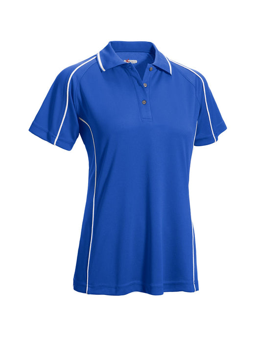 The women's Oxymesh Malibu Polo on a white background in the color royal blue, featuring white piping detailing, made out of 100% polyester, showing the relaxed fit from a front view. This shirt is breathable, quick-drying, moisture-wicking, and Imported for a better price on bulk apparel. #royal-blue