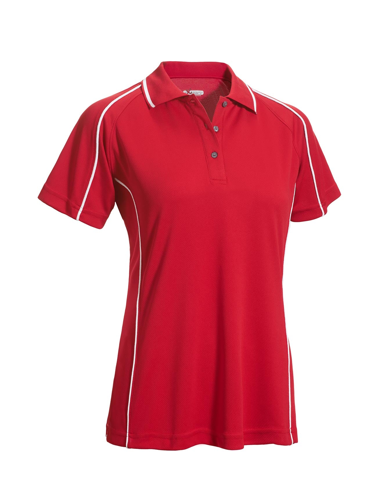 The women's Oxymesh Malibu Polo on a white background in the color true red, featuring white piping detailing, made out of 100% polyester, showing the relaxed fit from a front view. This shirt is breathable, quick-drying, moisture-wicking, and Imported for a better price on bulk apparel. #true-red