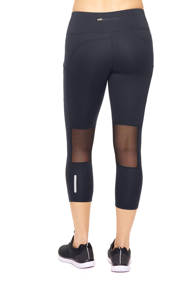 AQ1026 Mid-Rise Pocketed Mesh Panel Capri Leggings - Expert Brand #BLACK