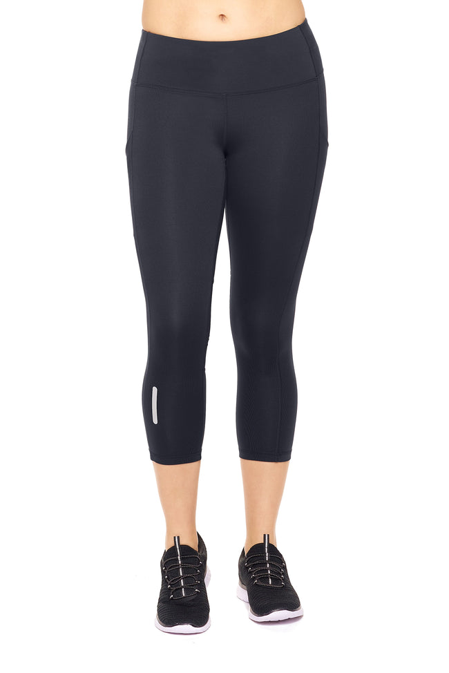 Expert Brand  Wholesale Black Mid-Rise Pocketed Mesh Panel Capri Leggings Image 2