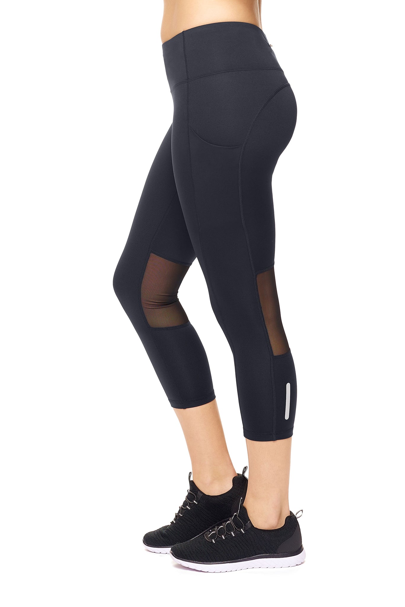 Expert Brand  Wholesale Black Mid-Rise Pocketed Mesh Panel Capri Leggings