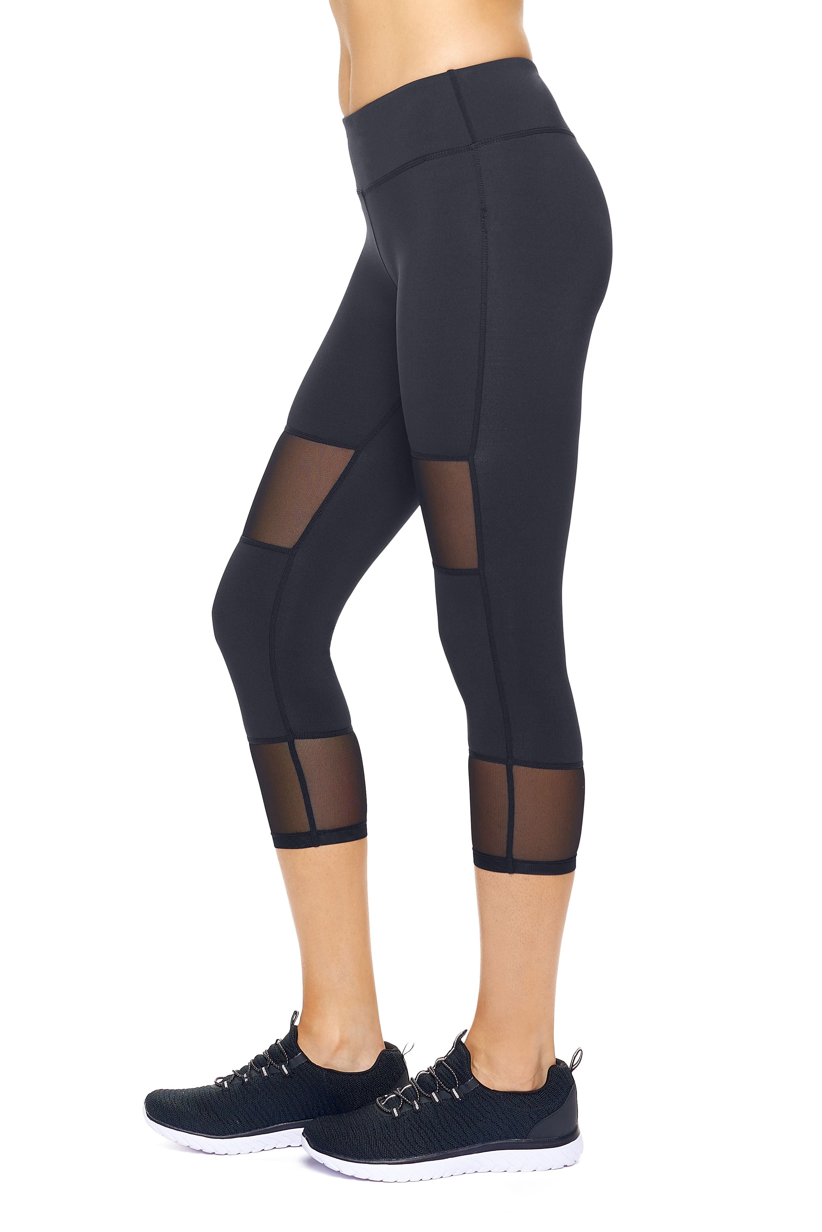 AQ1027 Mid-Rise Double Mesh Panel Capri Leggings - Expert Brand #BLACK