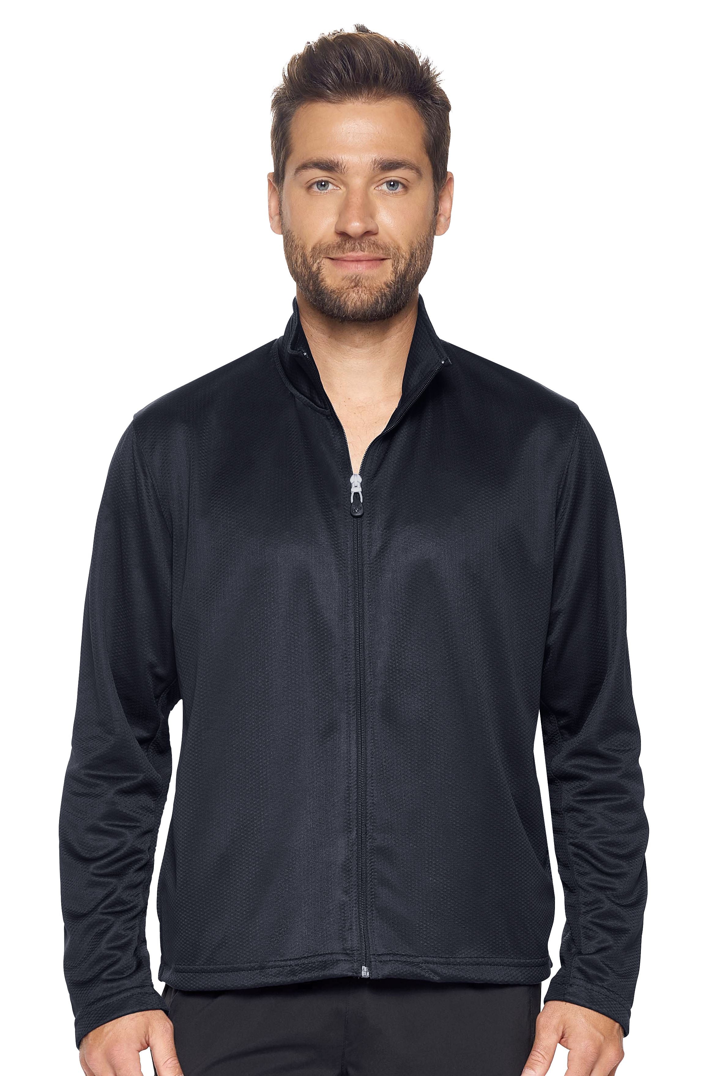 A male model on a white background wearing the men's Sphere Sportsman Jacket in the color black made out of 100% polyester showing the relaxed fit from a front view. This jacket quick-dries, wicks moisture and is made in the USA. #black