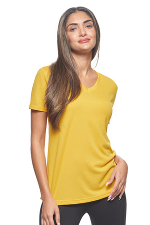Expert Brand Wholesale Made in USA sportswear activewear Women's Oxymesh™ V-Neck Tec Tee in gold#gold