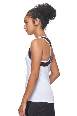 Expert Brand Wholesale Sportswear Made in USA Women's Oxymesh™ Distance Racerback Colorblock Tank in white black 2#white