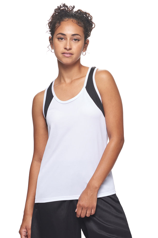 Expert Brand Wholesale Sportswear Made in USA Women's Oxymesh™ Distance Racerback Colorblock Tank in white black 3#white