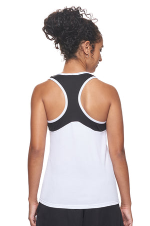Expert Brand Wholesale Sportswear Made in USA Women's Oxymesh™ Distance Racerback Colorblock Tank in white black#white