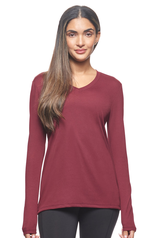 Expert Brand Wholesale Best Blanks Made in USA Activewear Performance pk MaX™ V-Neck Long Sleeve Expert Tee Cardinal#cardinal