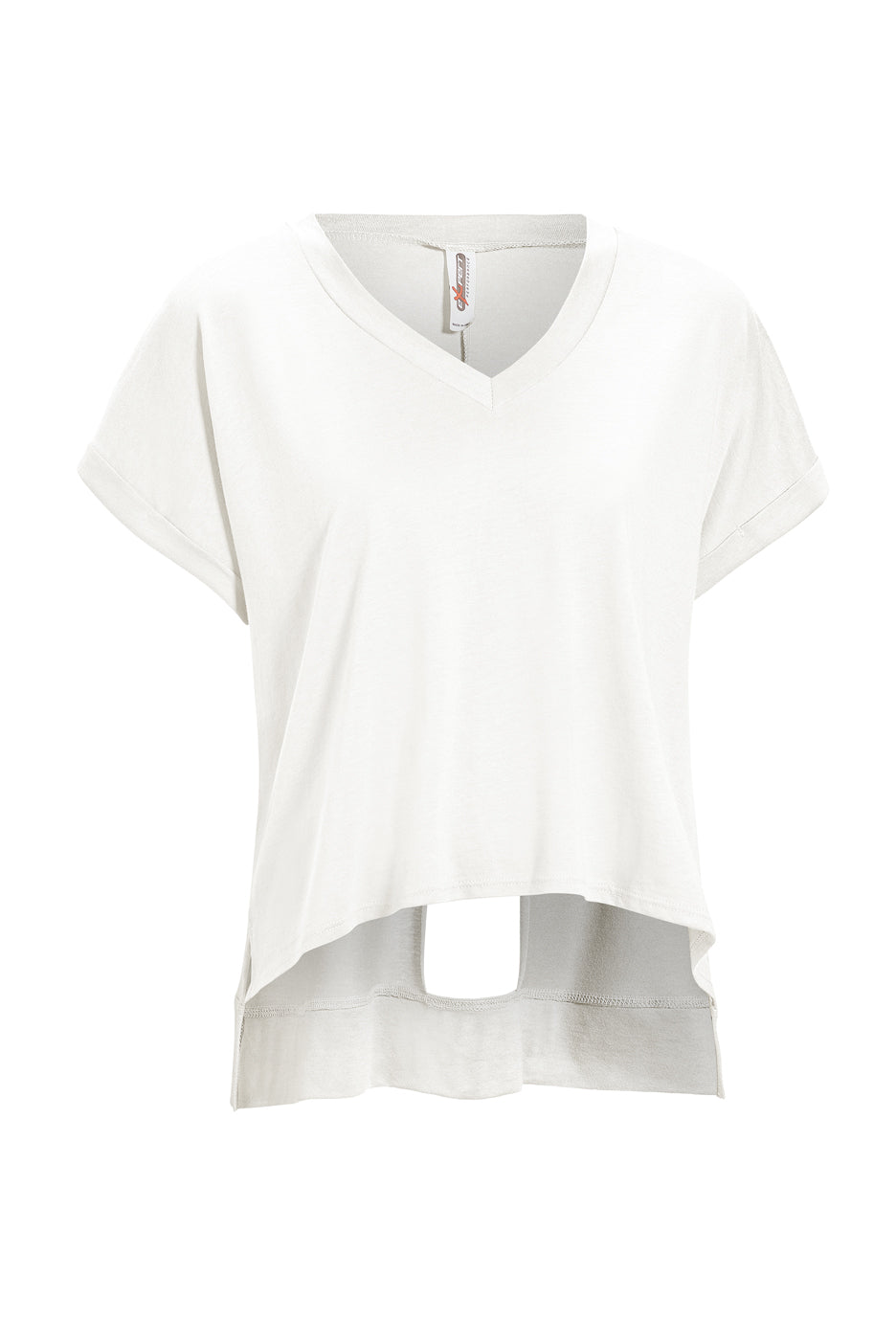 HC278🇺🇸🍃 Hemp Cuffed V-Neck Cutout Back Mid-Crop Tee - Expert Brand#white