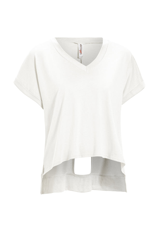 Expert Brand Wholesale Hemp Cuffed V-Neck Cutout Back Mid-Crop Tee Bone#bone