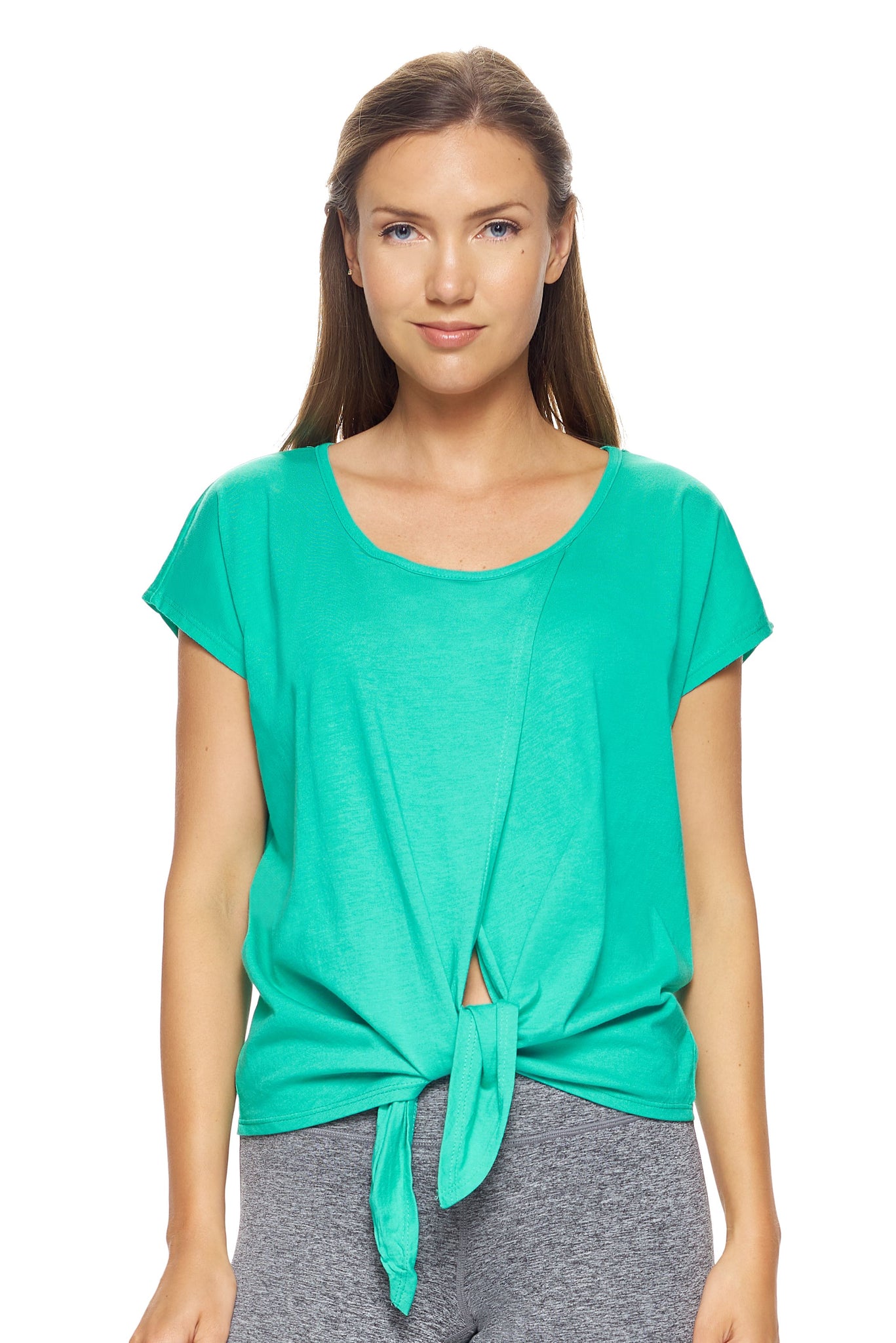 Expert Brand Wholesale Women's MoCA™ Split Front Tie Tee in Bright Teal Image 2#bright-teal