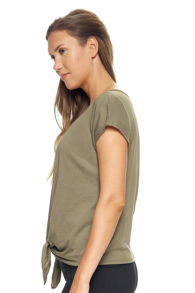 Expert Brand Wholesale Women's MoCA™ Split Front Tie Tee in Olive Image 2#olive