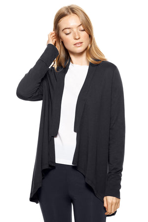 Expert Brand Wholesale Women's MoCA™ Drape Front Cardigan in Black#black