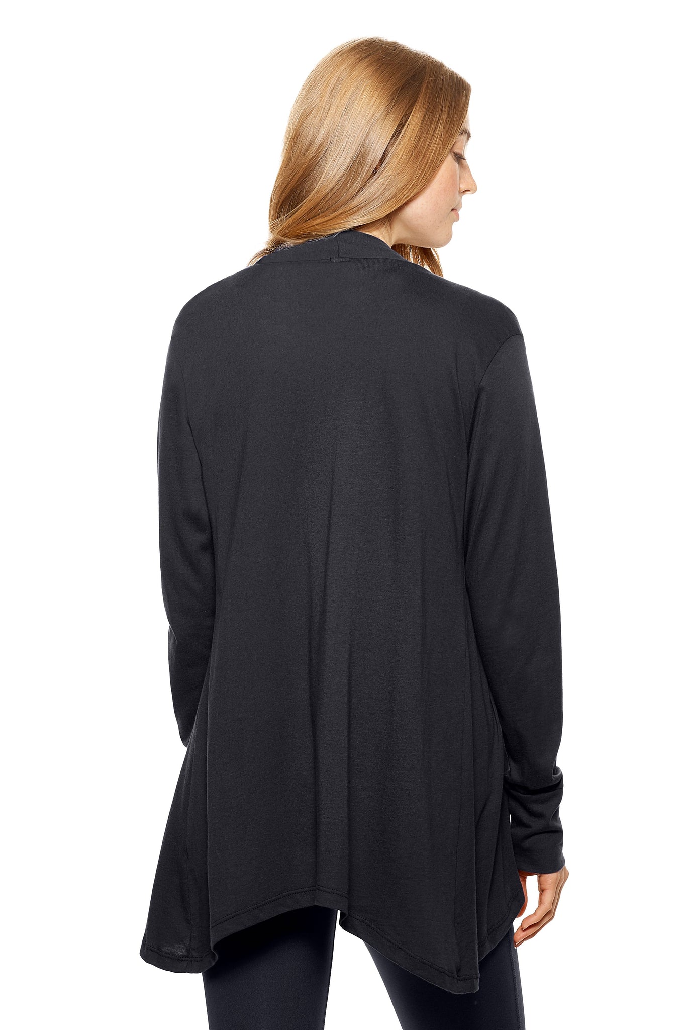 Expert Brand Wholesale Women's MoCA™ Drape Front Cardigan in Black Image 3#black