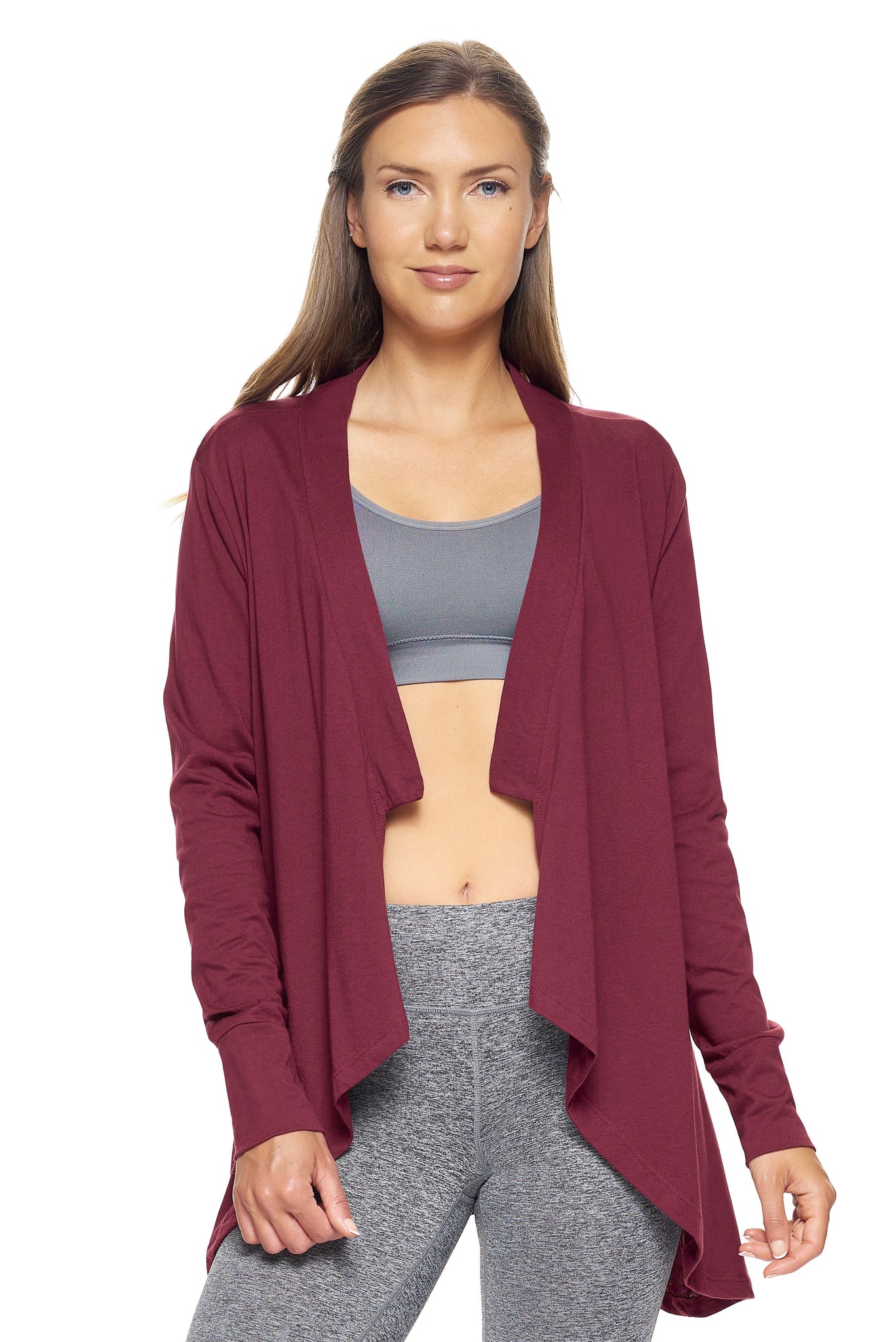 Expert Brand Wholesale Women's MoCA™ Drape Front Cardigan in Maroon#maroon