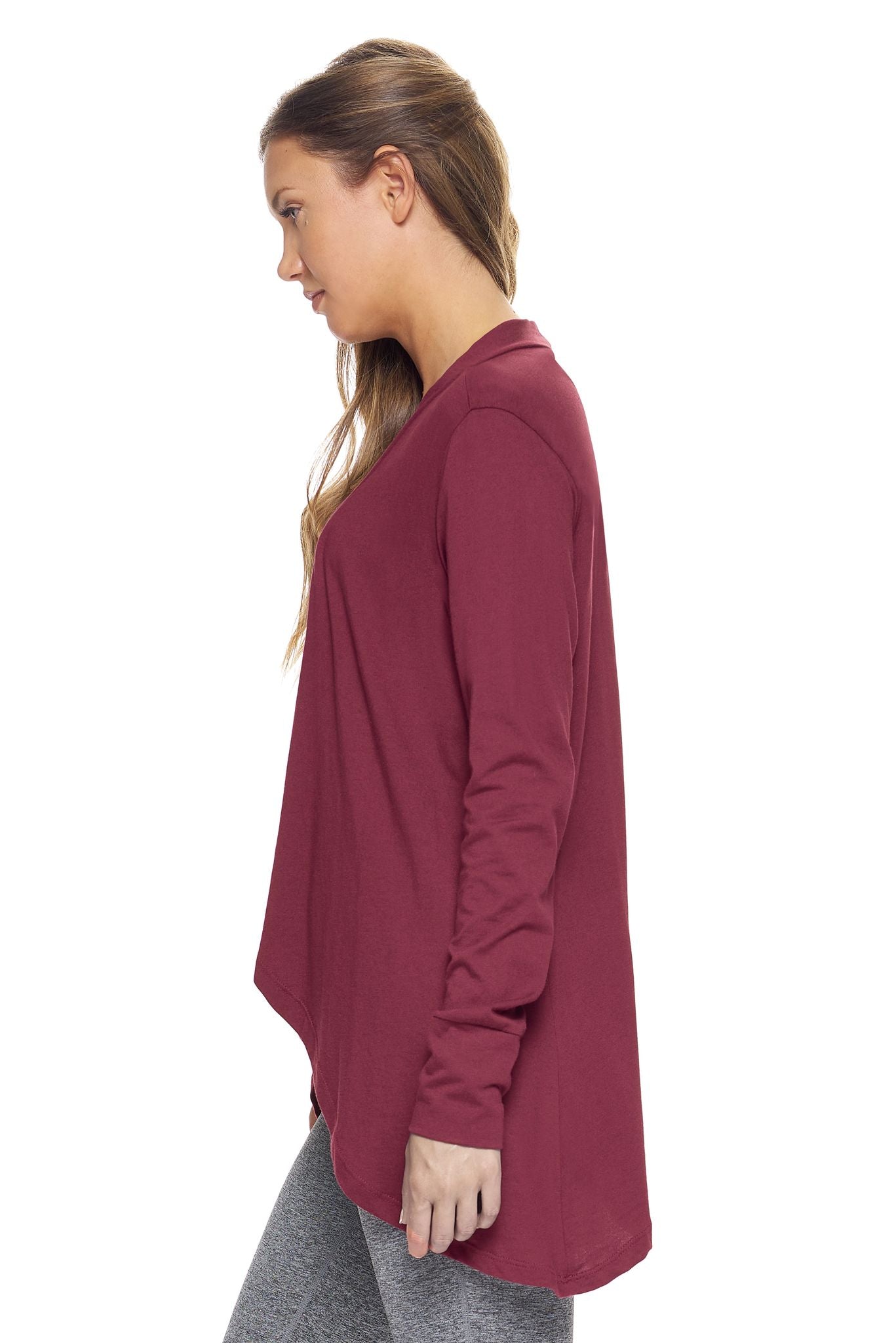 Expert Brand Wholesale Women's MoCA™ Drape Front Cardigan in Maroon Image 3#maroon