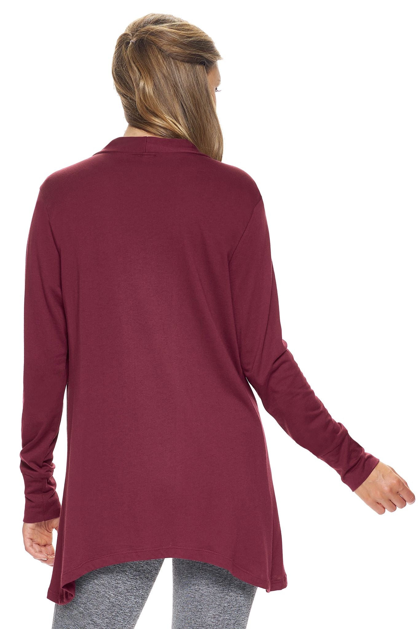 Expert Brand Wholesale Women's MoCA™ Drape Front Cardigan in Maroon Image 3#maroon