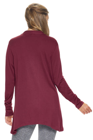 Expert Brand Wholesale Women's MoCA™ Drape Front Cardigan in Maroon Image 3#maroon
