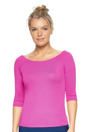 Expert Brand Wholesale Women's MoCA™ 3/4 Sleeve Cross Back Tee in Berry Pink#berry