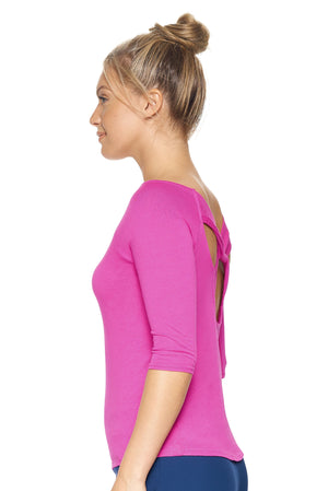 Expert Brand Wholesale Women's MoCA™ 3/4 Sleeve Cross Back Tee in Berry Pink Image 2#berry