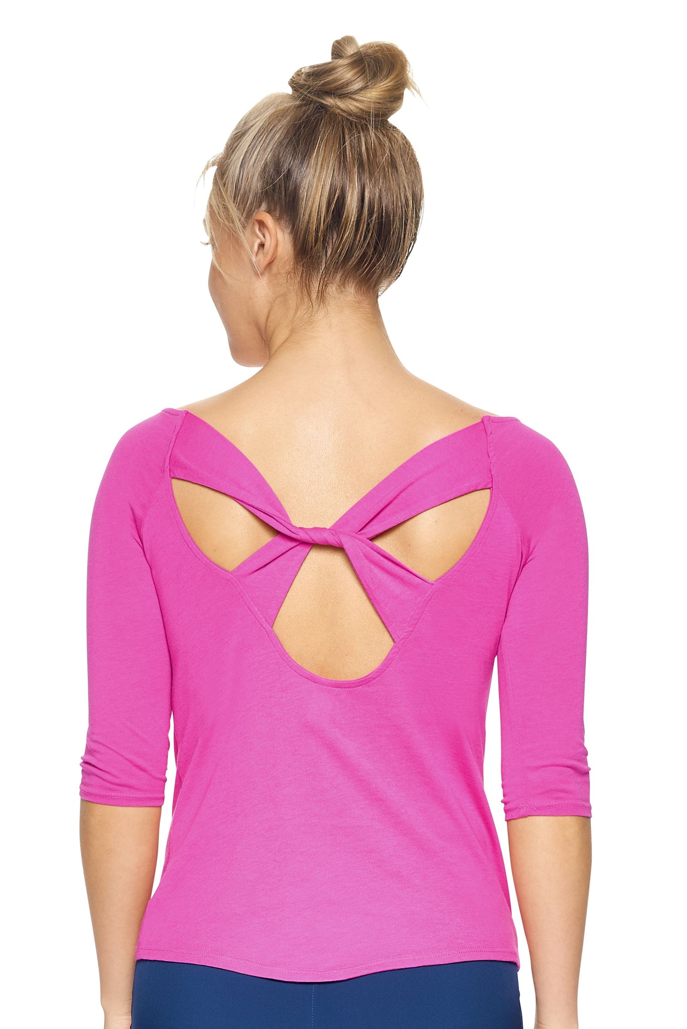 Expert Brand Wholesale Women's MoCA™ 3/4 Sleeve Cross Back Tee in Berry Pink Image 3#berry