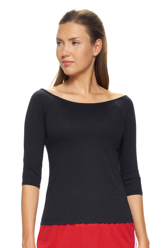 Expert Brand Wholesale Women's MoCA™ 3/4 Sleeve Cross Back Tee in Black#black