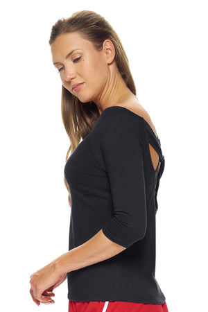 Expert Brand Wholesale Women's MoCA™ 3/4 Sleeve Cross Back Tee in Black Image 3#black