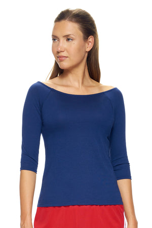 Expert Brand Wholesale Women's MoCA™ 3/4 Sleeve Cross Back Tee in Navy Image 2#navy