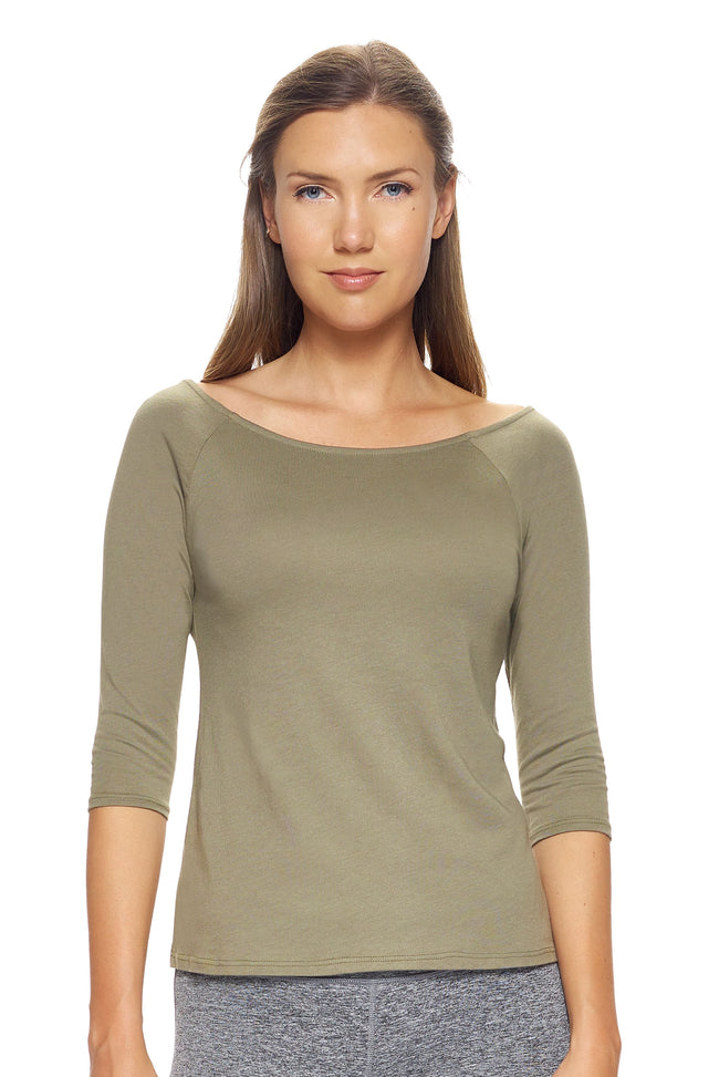 Expert Brand Wholesale Women's MoCA™ 3/4 Sleeve Cross Back Tee in Olive#olive