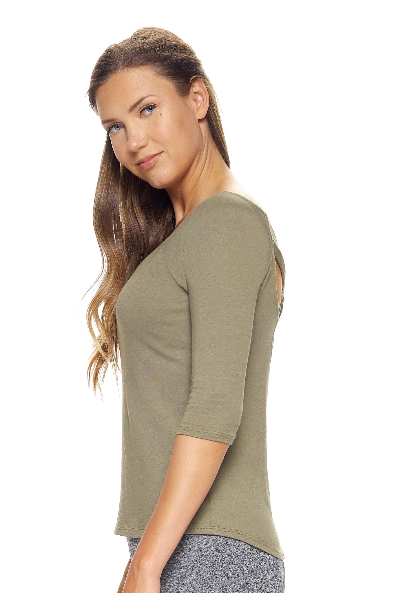Expert Brand Wholesale Women's MoCA™ 3/4 Sleeve Cross Back Tee in Olive Image 3#olive