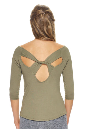 Expert Brand Wholesale Women's MoCA™ 3/4 Sleeve Cross Back Tee in Olive Image 2#olive