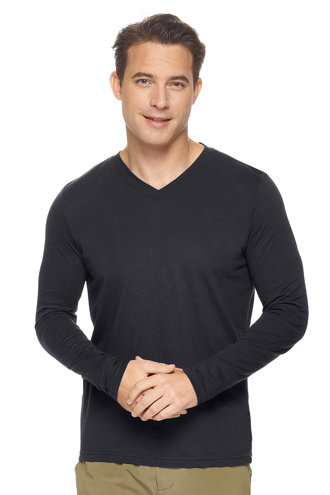 Expert Brand Wholesale Men's MoCA™ V-Neck Long Sleeve Tee in Black#black
