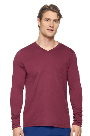 Expert Brand Wholesale Men's MoCA™ V-Neck Long Sleeve Tee in Maroon#maroon