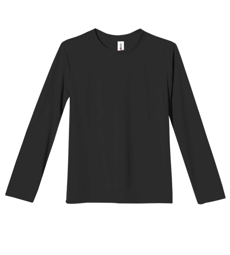 The youth oxymesh long sleeve tech tee in the color black on a white background. This shirt is moisture-wicking, quick-drying, and made in the USA for screen-printing and bulk orders. #black