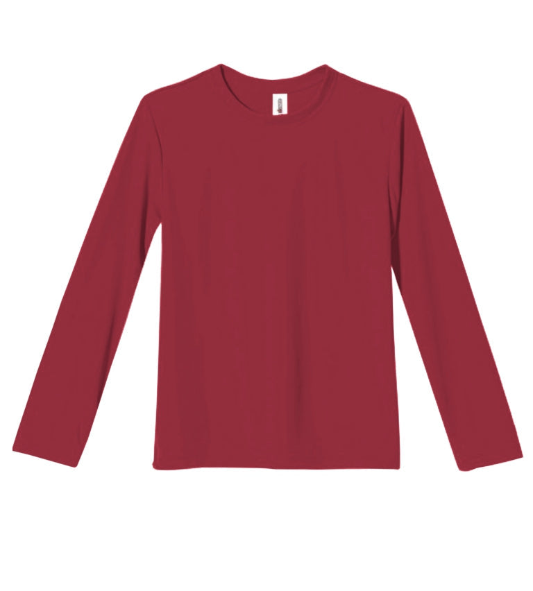 The youth oxymesh long sleeve tech tee in the color cardinal on a white background. This shirt is moisture-wicking, quick-drying, and made in the USA for screen-printing and bulk orders. #cardinal