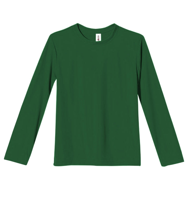 The youth oxymesh long sleeve tech tee in the color forest green on a white background. This shirt is moisture-wicking, quick-drying, and made in the USA for screen-printing and bulk orders. #forest-green