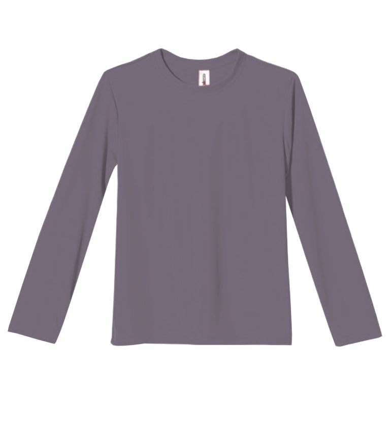 The youth oxymesh long sleeve tech tee in the color steel on a white background. This shirt is moisture-wicking, quick-drying, and made in the USA for screen-printing and bulk orders. #steel