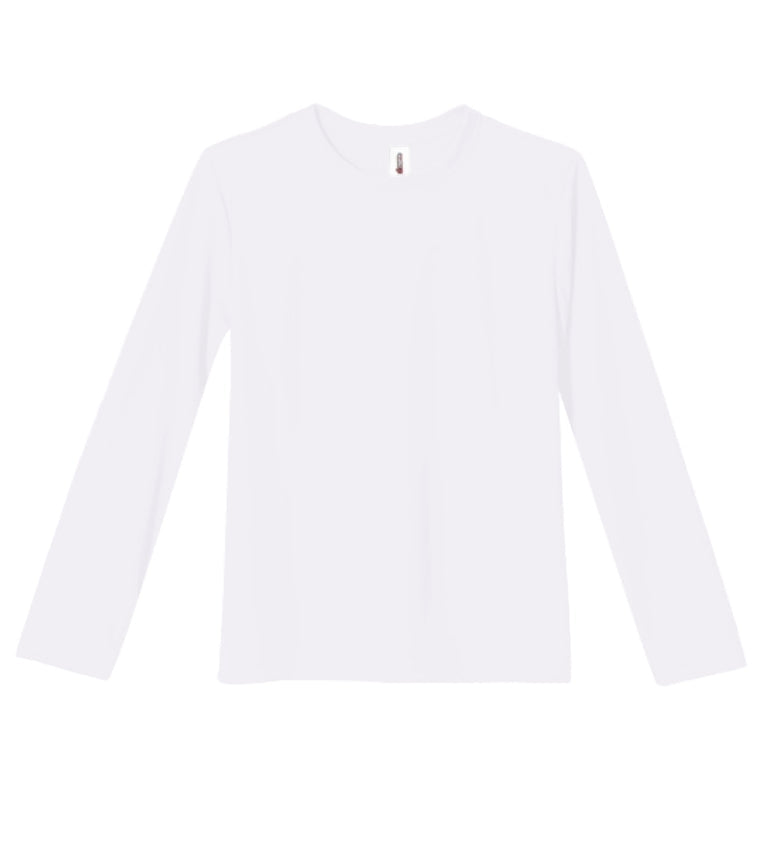 The youth oxymesh long sleeve tech tee in the color white on a white background. This shirt is moisture-wicking, quick-drying, and made in the USA for screen-printing and bulk orders. #white